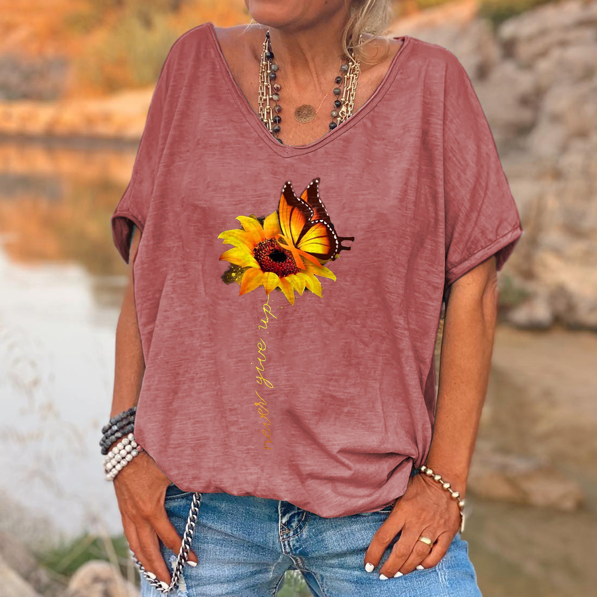 38b26d70ae67eac7e9f93b0dd8fab4b7 Never Give Up Printed Sunflower Women's T-shirt - Image 2