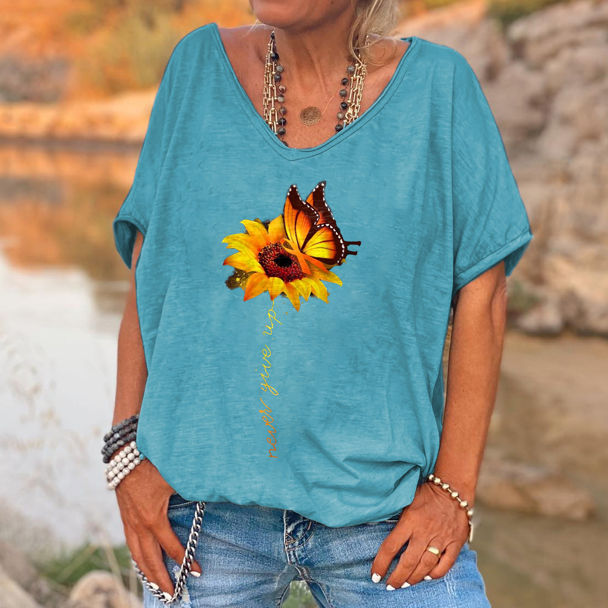 419fa550ec668d1f9e203b3912314272 Never Give Up Printed Sunflower Women's T-shirt - Image 3