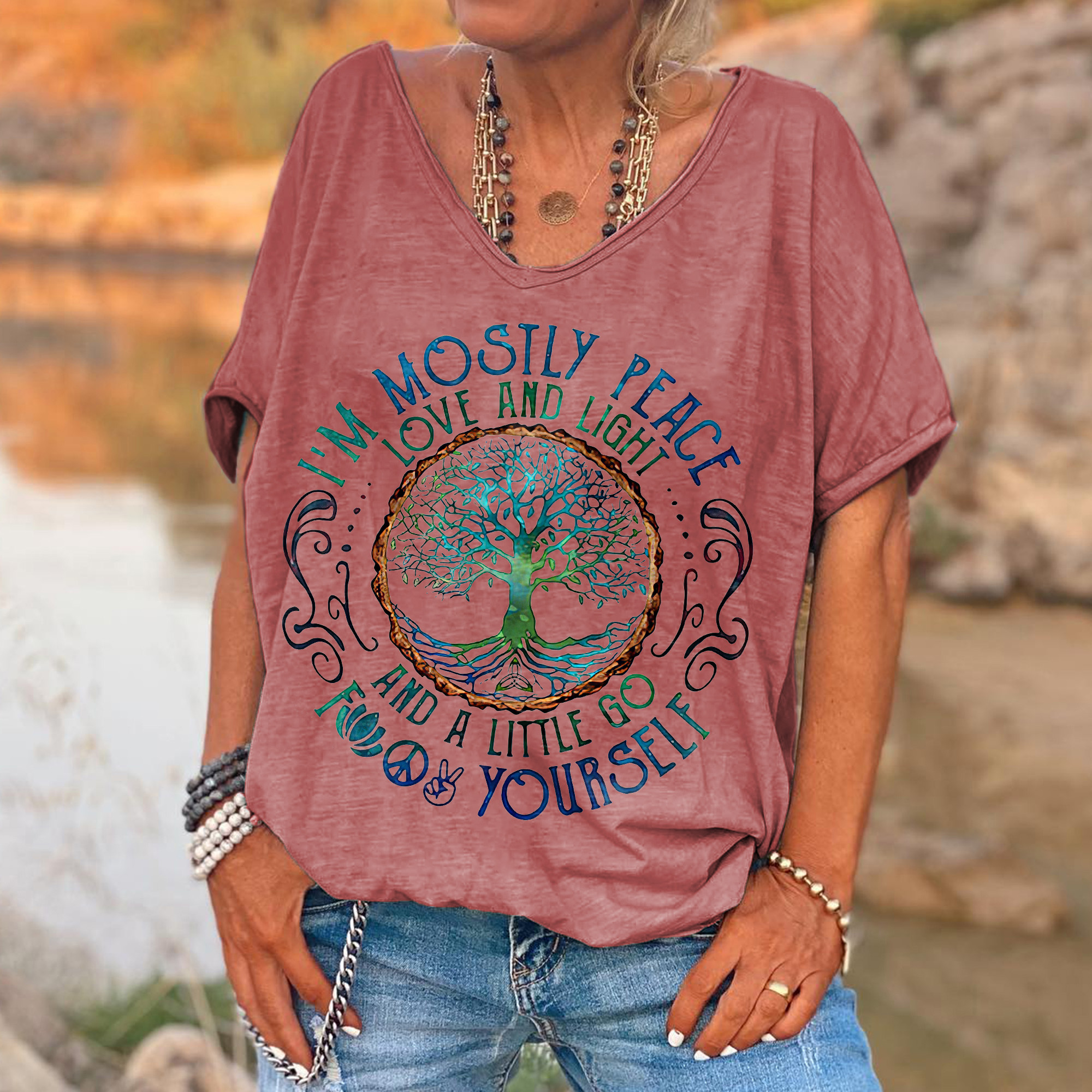52bdc7037009365f637f79311d2b8179 I'm Mostly Peace Love And Light Printed Women's T-shirt