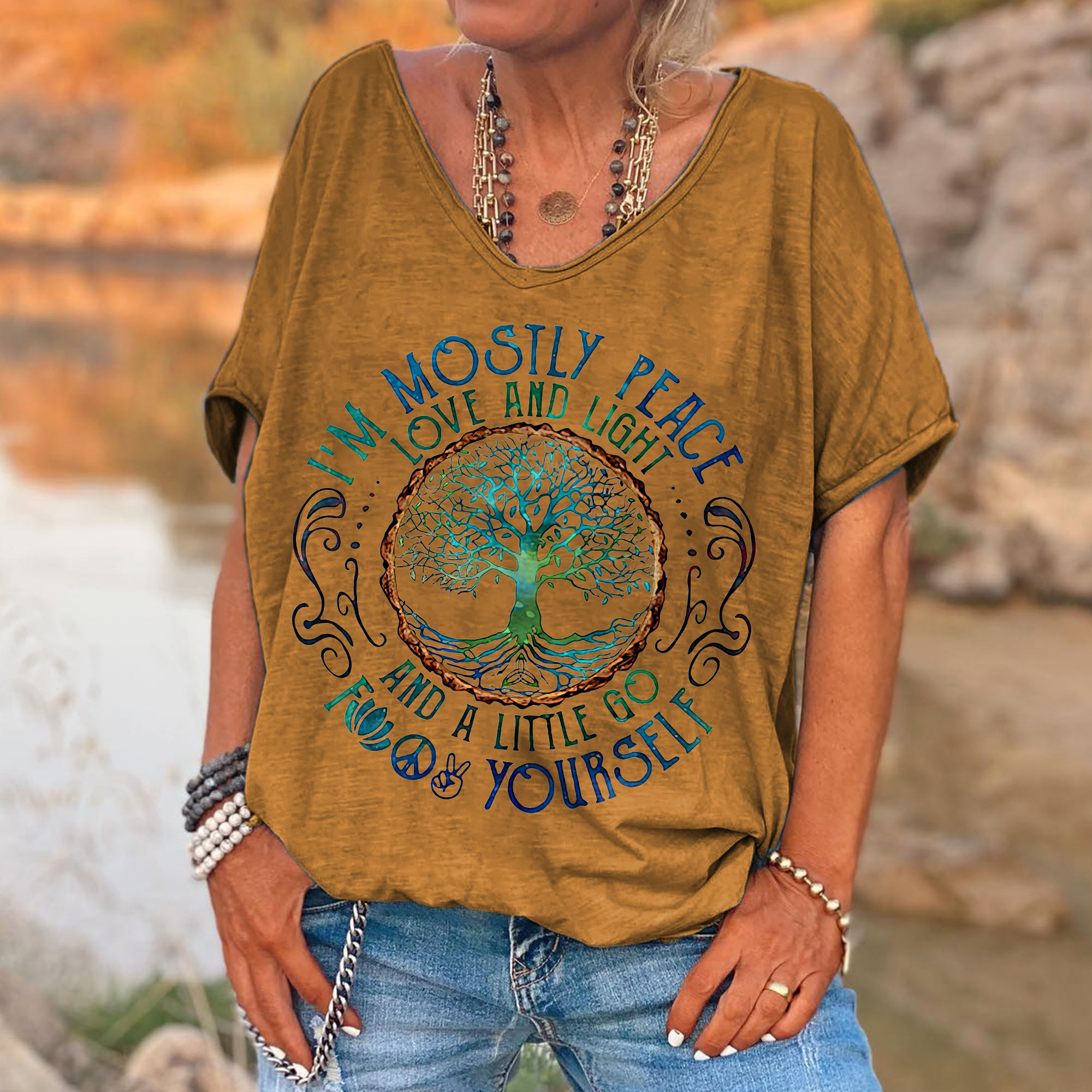 61af0bf4b548dd152b1d7df26351c764 I'm Mostly Peace Love And Light Printed Women's T-shirt - Image 9