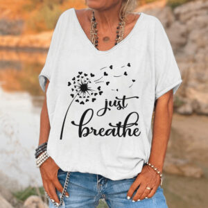 "Just Breathe" Dandelion Heart Graphic V-Neck T-Shirt