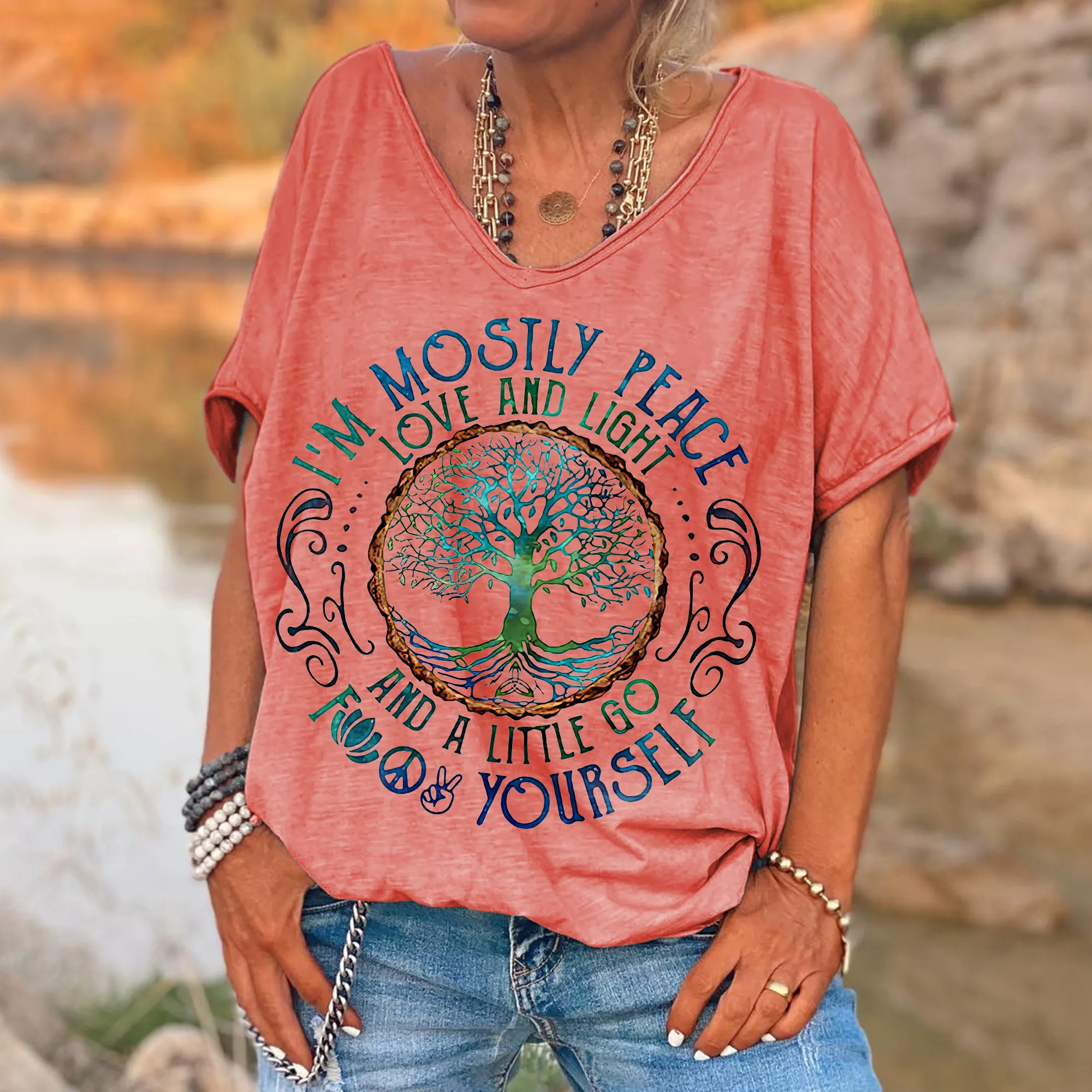 899b7185cfe6c5a71a44051876d3e0d1 I'm Mostly Peace Love And Light Printed Women's T-shirt - Image 5