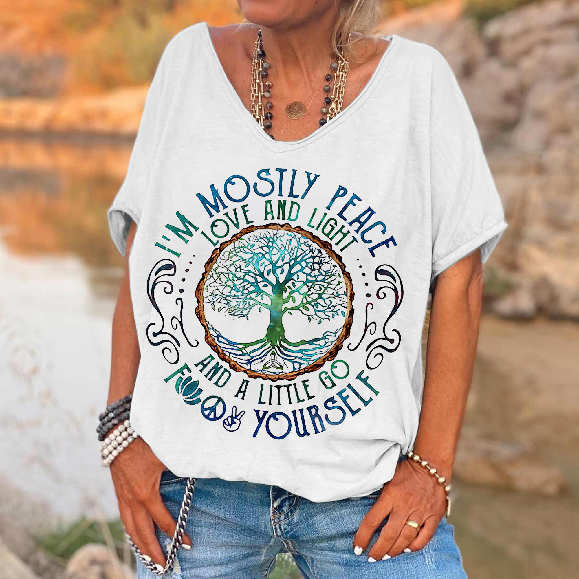 903842ef5275d109dffdf442a2deb78b I'm Mostly Peace Love And Light Printed Women's T-shirt - Image 3