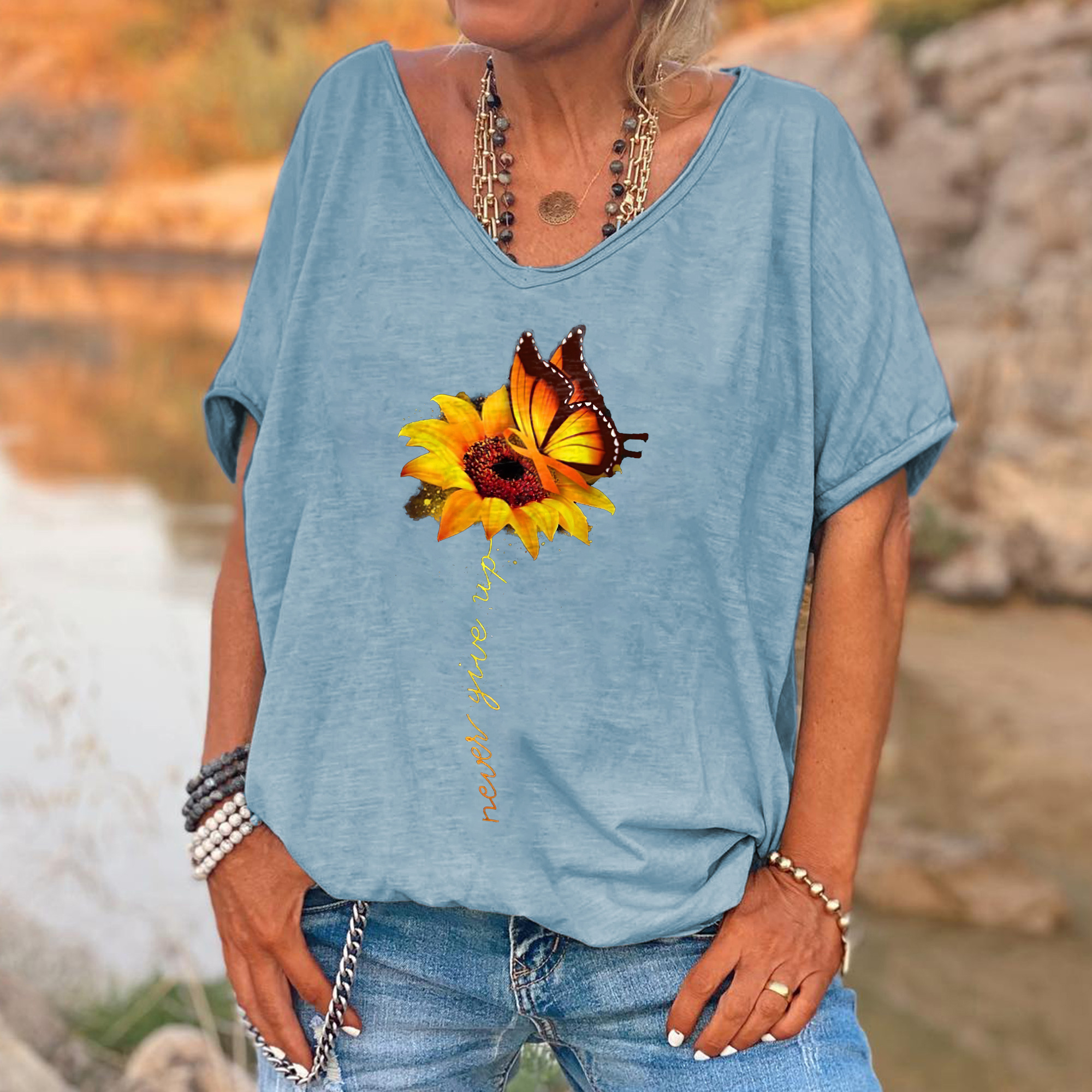 90e9969b789d39c365ecb0576814049b Never Give Up Printed Sunflower Women's T-shirt - Image 6