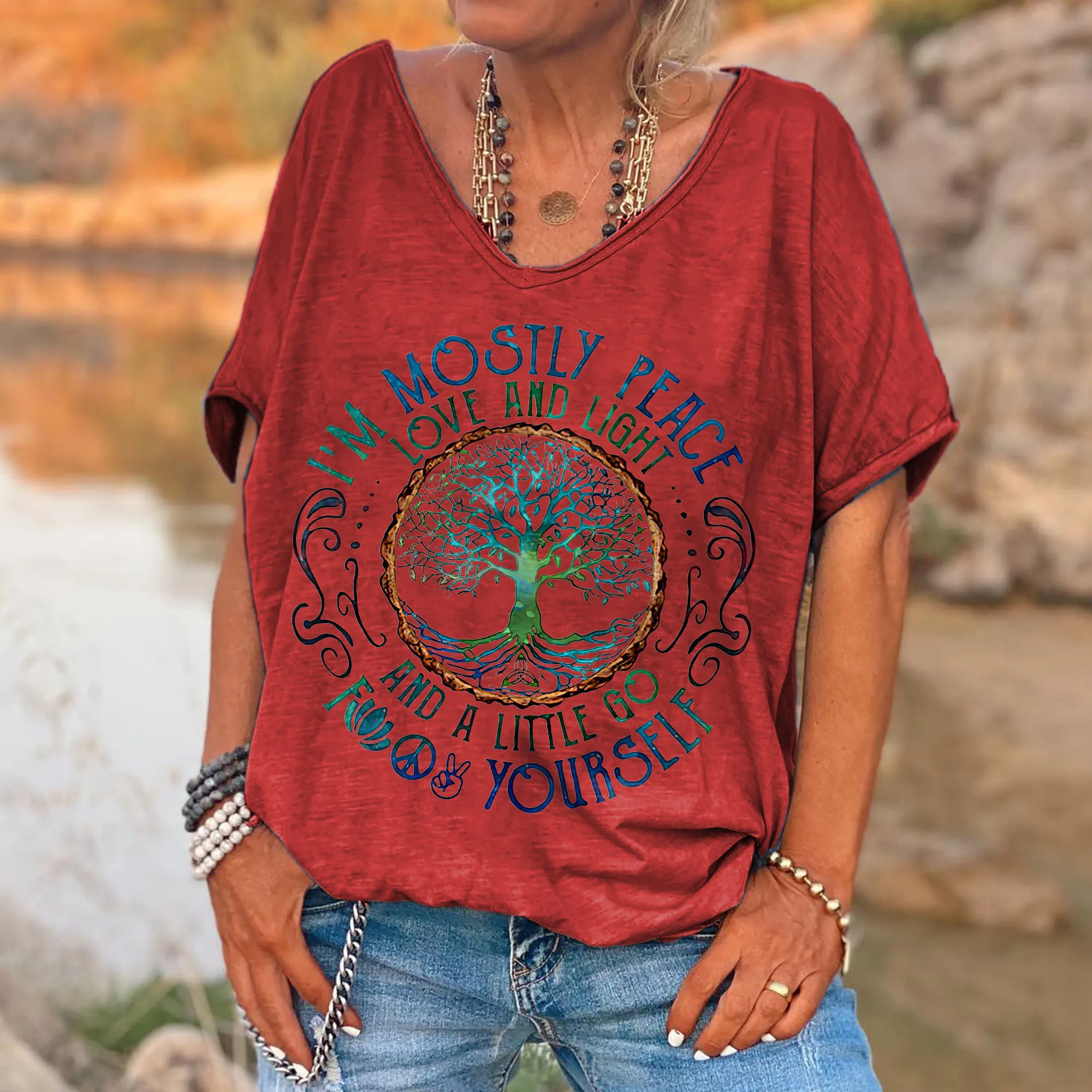 aace4f726c9de515c5f282c17619306d I'm Mostly Peace Love And Light Printed Women's T-shirt - Image 8