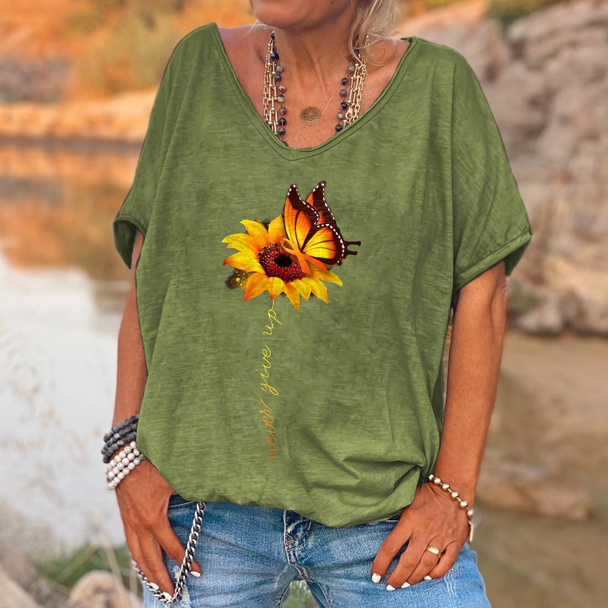 b795e51beb649c270f94daa4973a3dee Never Give Up Printed Sunflower Women's T-shirt