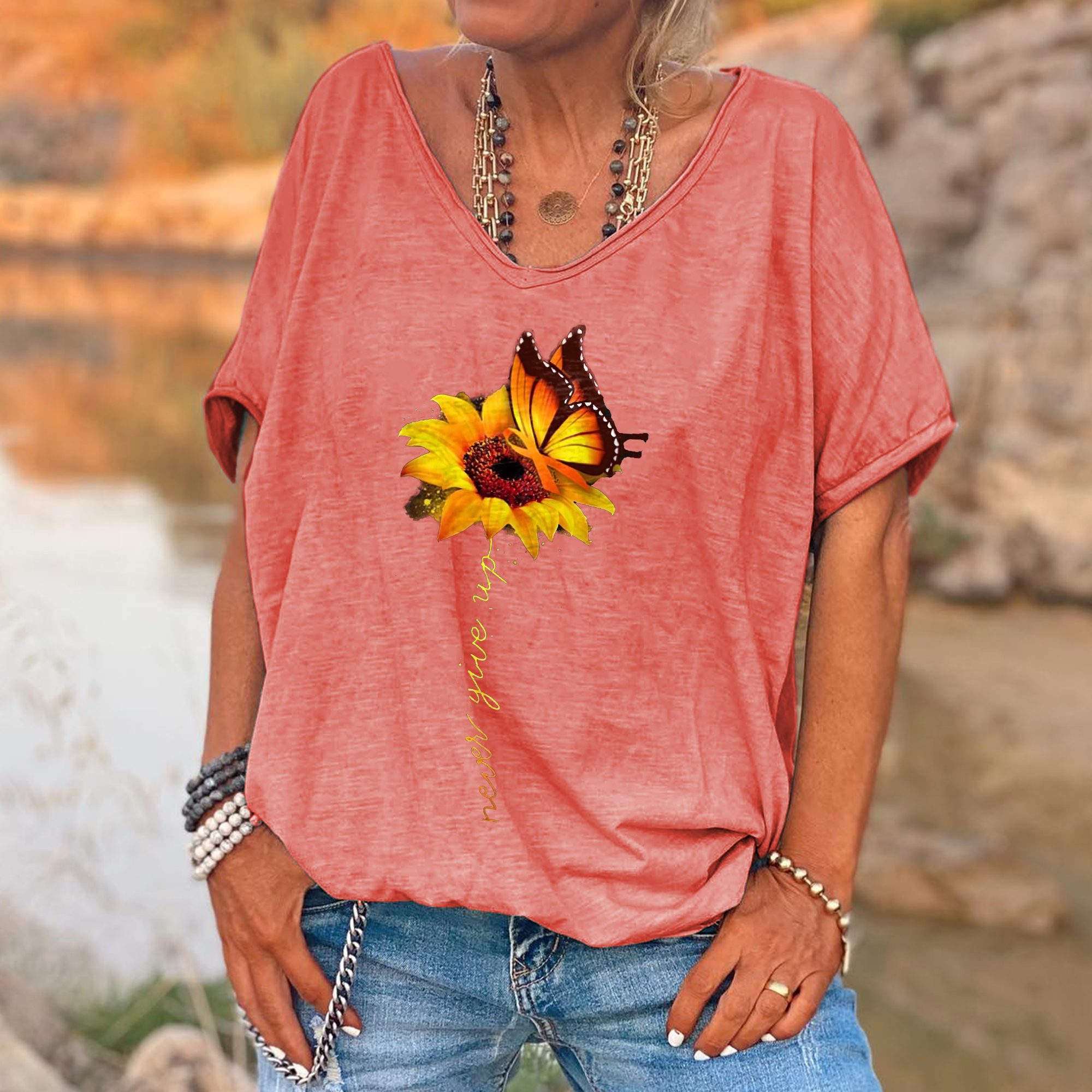 d0387491dd20a727e26f37494081bf90 Never Give Up Printed Sunflower Women's T-shirt - Image 5