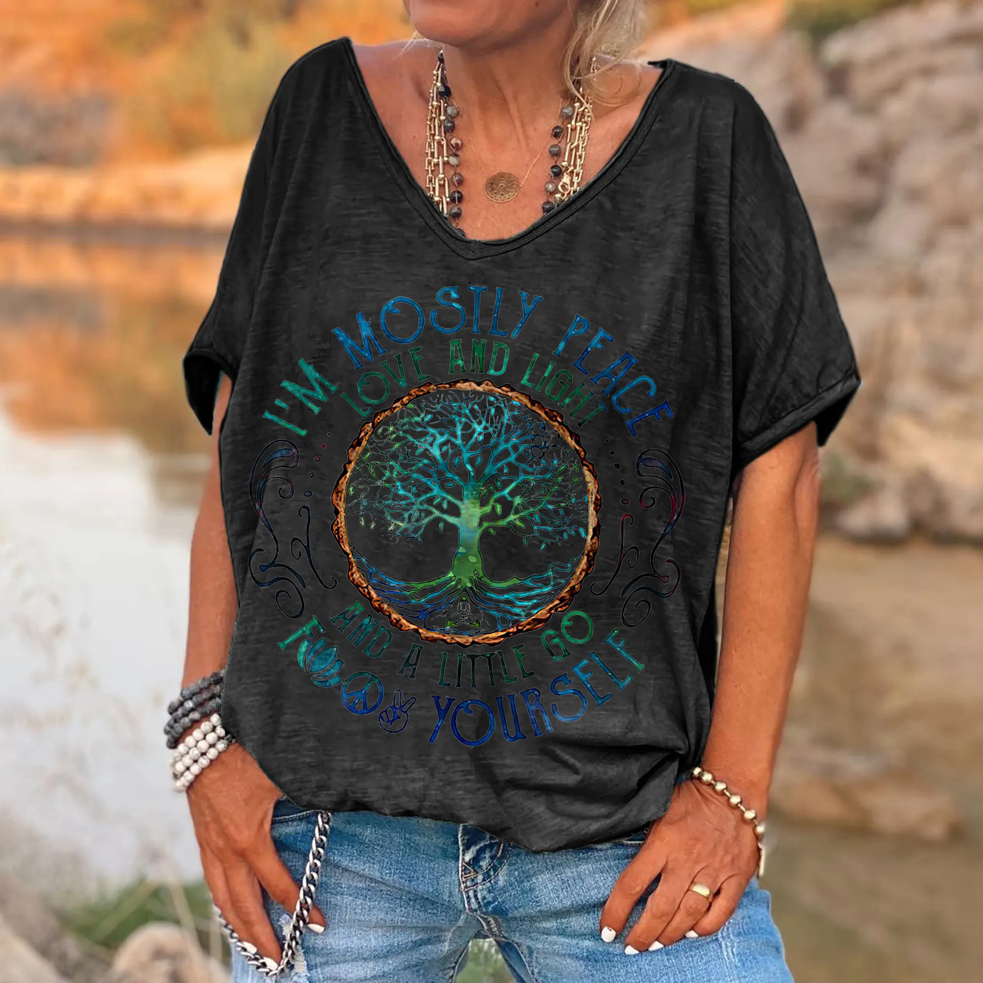 d68682cb6eba5823339ebde2cb1dcab3 I'm Mostly Peace Love And Light Printed Women's T-shirt - Image 4