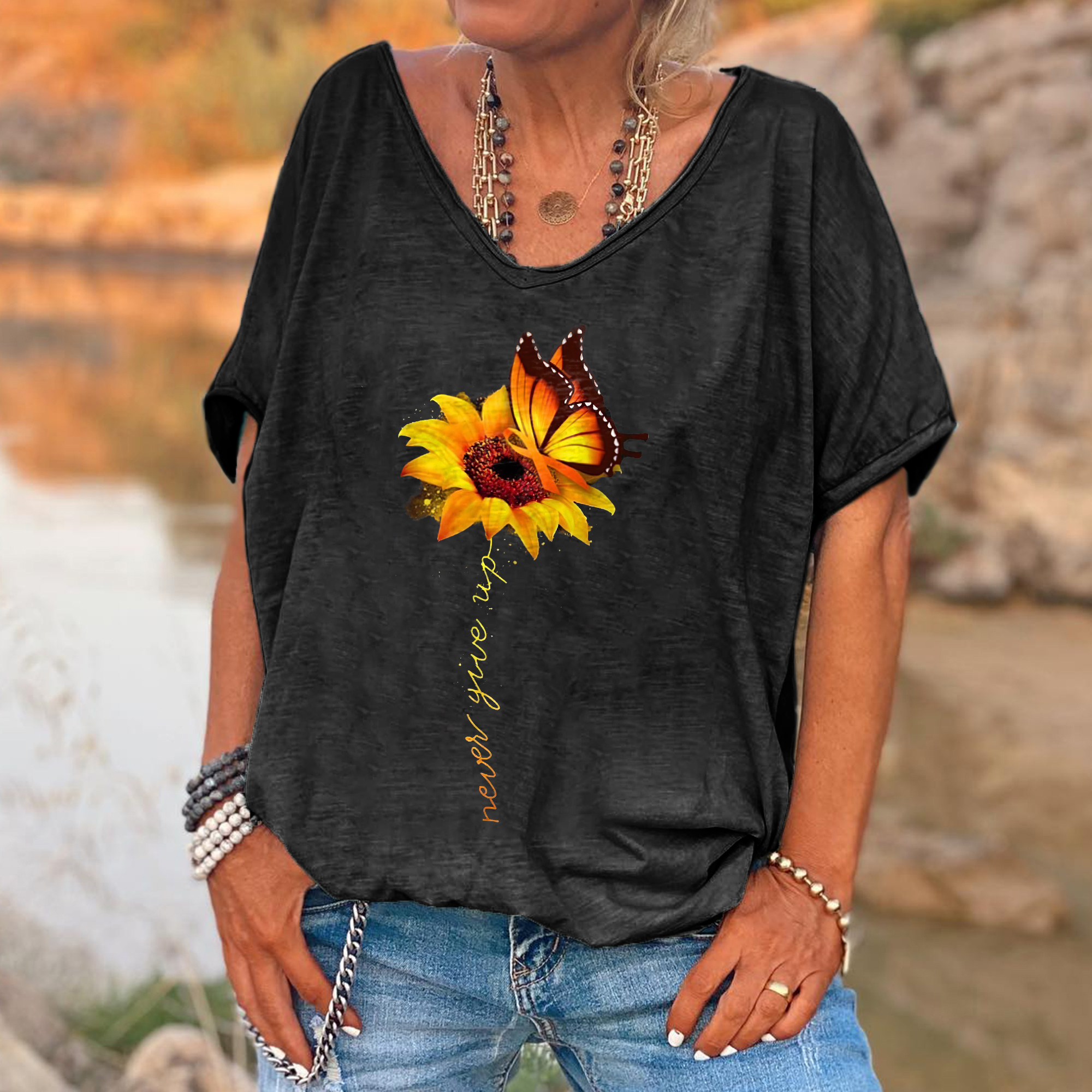 d8ab6d002382d46e8e709a2a5bc7e08a Never Give Up Printed Sunflower Women's T-shirt - Image 4