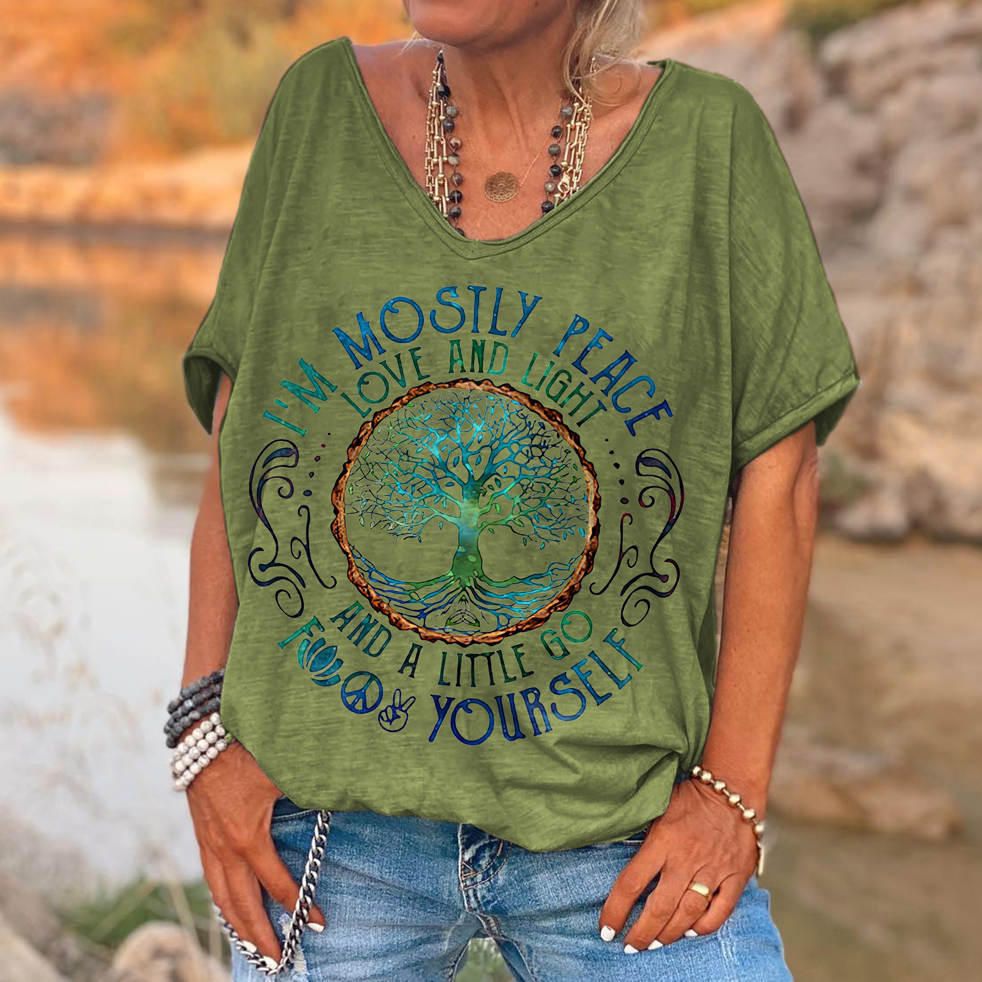 e9acd21876594b00f8b5dd061b7dbda8 I'm Mostly Peace Love And Light Printed Women's T-shirt - Image 6