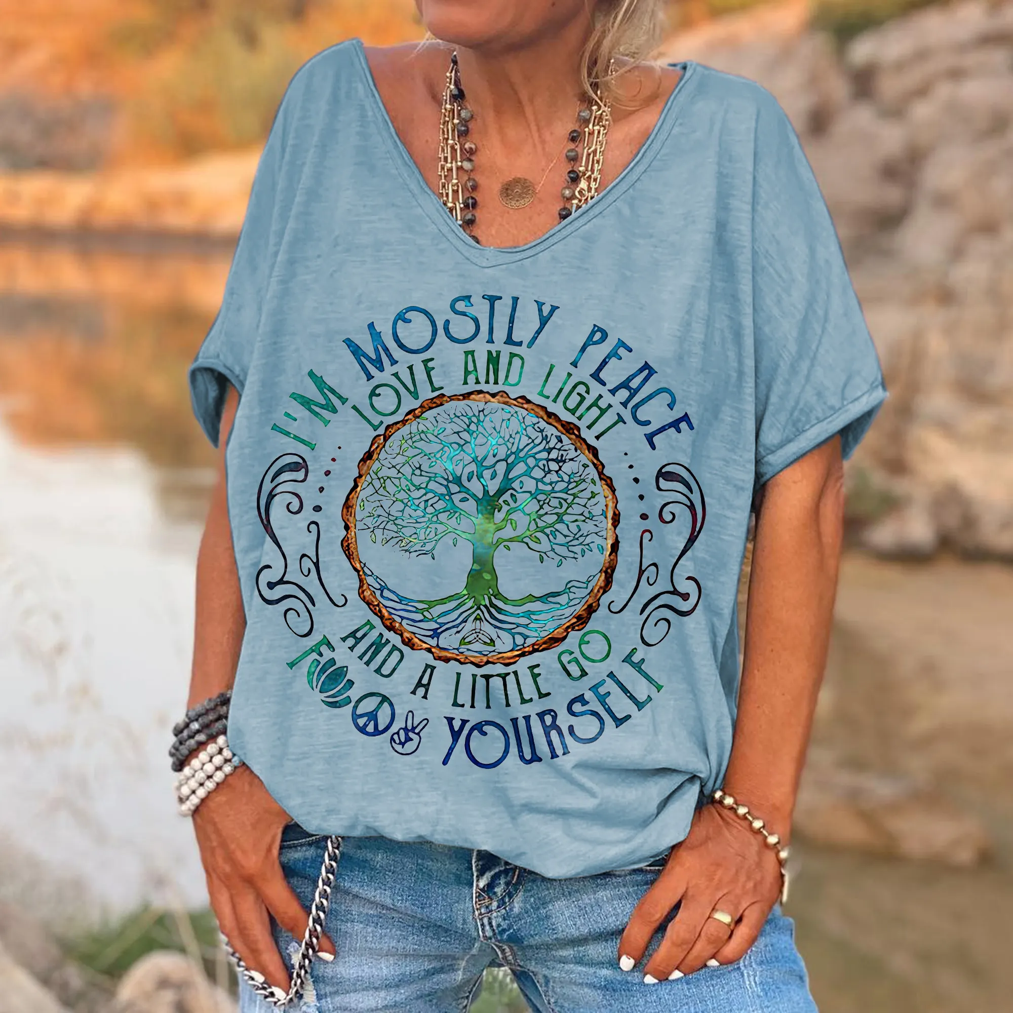 f06017be98b58a3a51d9b74113527e77 I'm Mostly Peace Love And Light Printed Women's T-shirt - Image 7